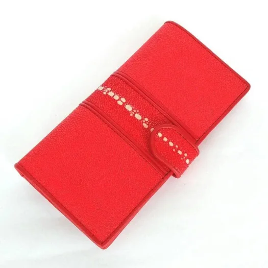 Mool Leather Women’s Multi-Spine Stingray Leather Long Bifold Wallet in Red with Horizontal Spine Detail