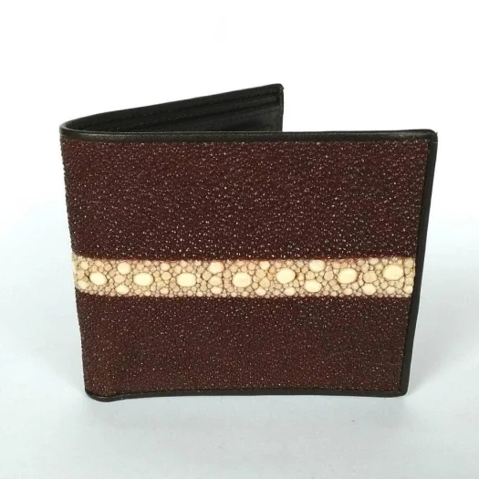 Mool Leather Men’s Large Multi-Spine Stingray Leather Bifold Wallet in Dark Brown with Smooth Horizontal Spine Detail
