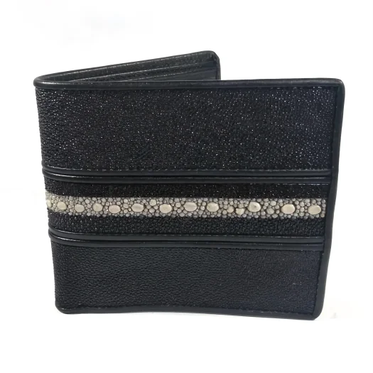 Mool Leather Men’s Genuine Multi-Spine Stingray Leather Bifold Wallet in Black with Smooth Horizontal Spine Detail