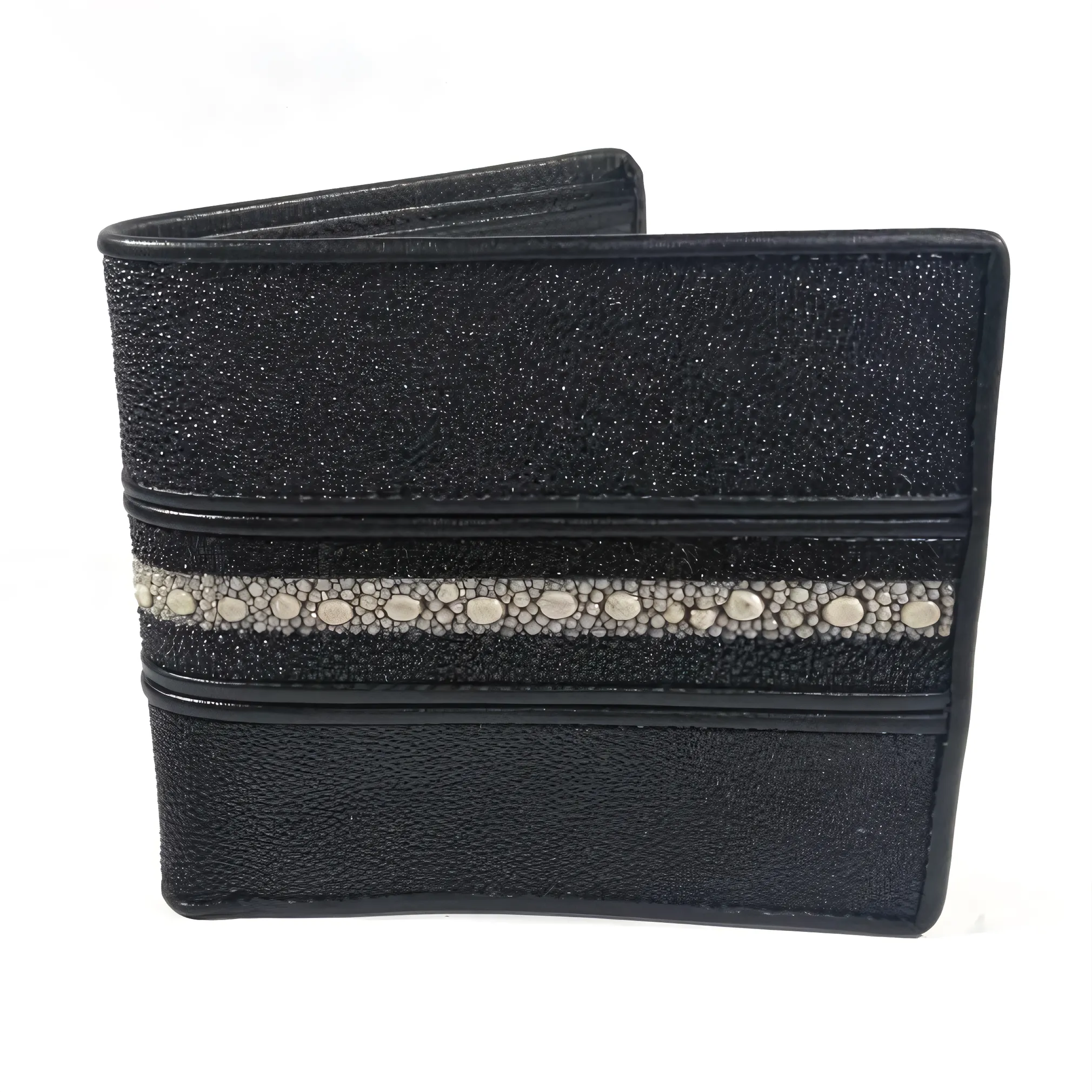 Mool Leather Men’s Genuine Multi-Spine Stingray Leather Bifold Wallet in Black with Smooth Horizontal Spine Detail