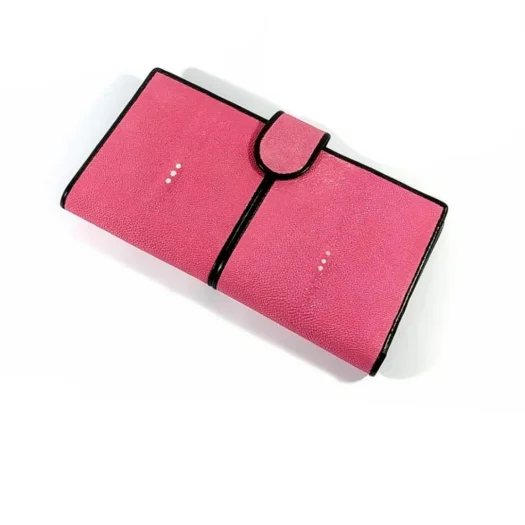 Mool Leather Women’s Stingray Leather Long Bifold Wallet in Pink with Dual Three-Pearl Crown Detail