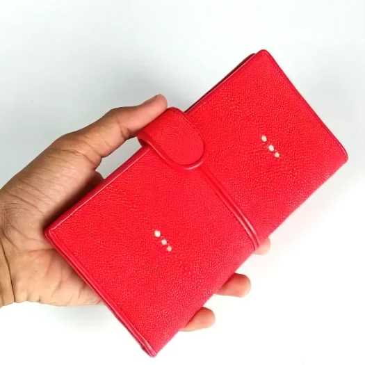 Mool Leather Women’s Stingray Leather Long Bifold Wallet in Red with Dual Signature Three-Pearl Crown Detail