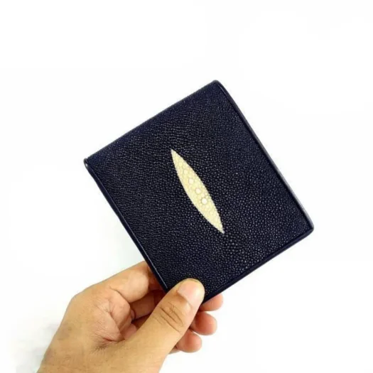 Mool Leather Men’s Bifold Wallet in Genuine Navy Blue Stingray Leather with Diamond Crown Detail