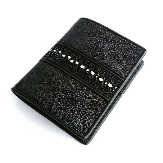 Mool Leather Men’s Vertical Bifold Wallet in Textured Multi-Spine Stingray Leather with Spine Detail