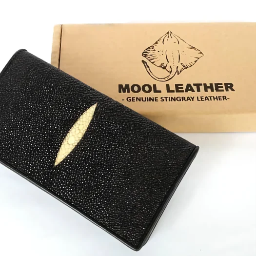 Mool Leather Long Bifold Wallet in Black Stingray Leather with Diamond Crown