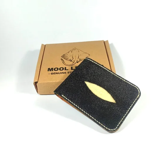 Mool Leather Handmade Men’s Genuine Stingray Leather Bifold Wallet with Stitched Edge and Diamond Crown