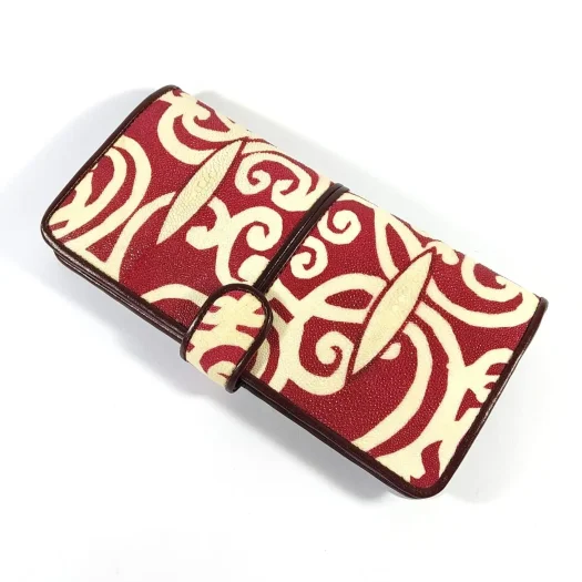 Mool Leather Genuine Stingray Leather Long Bifold Wallet with Borneo Batik Pattern in Maroon