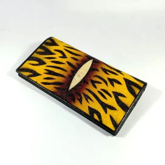 Mool Leather Men’s Genuine Stingray Leather Long Bifold Wallet with Tiger Motif and Diamond Crown Detail
