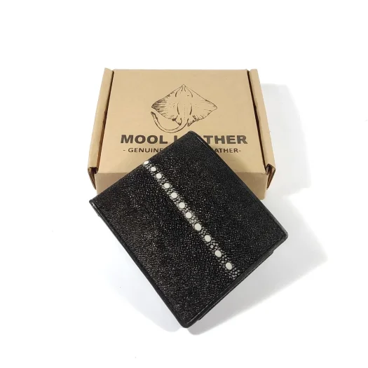 Mool Leather Men’s Multi-Spine Stingray Leather Bifold Wallet in Black with Spine Detail
