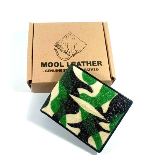 Mool Leather Men’s Genuine Stingray Leather Bifold Wallet with Army Camouflage Design and Diamond Crown Detail