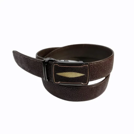 Mool Leather Men’s Genuine Stingray Leather Belt in Dark Brown with Diamond Crown Detail