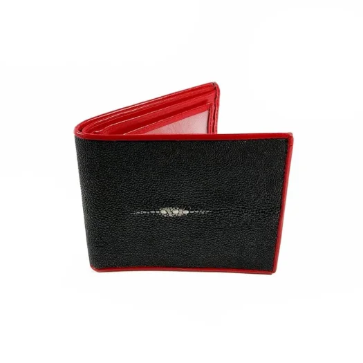 Mool Leather Men’s Genuine Stingray Leather Bifold Wallet in Black with Red Interior and Diamond Crown Detail