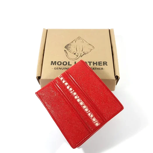Mool Leather Men’s Multi-Spine Stingray Leather Bifold Wallet in Red with Horizontal Spine Detail