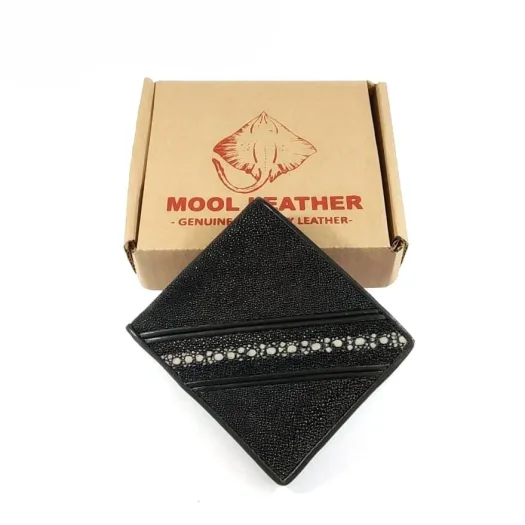 Mool Leather Men’s Multi-Spine Stingray Leather Bifold Wallet in Black with Diagonal Spine Detail