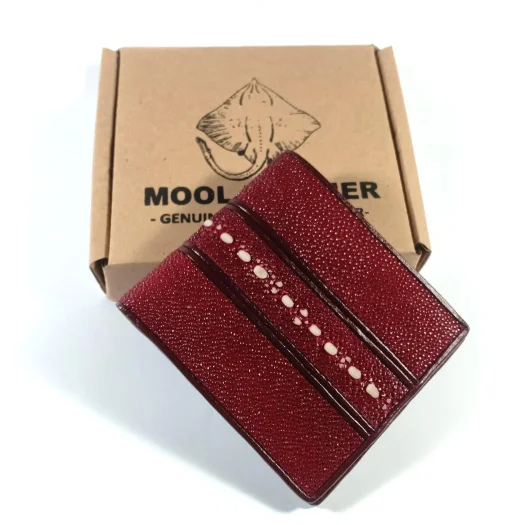 Mool Leather Men’s Multi-Spine Stingray Leather Bifold Wallet in Maroon with Textured Horizontal Spine Detail