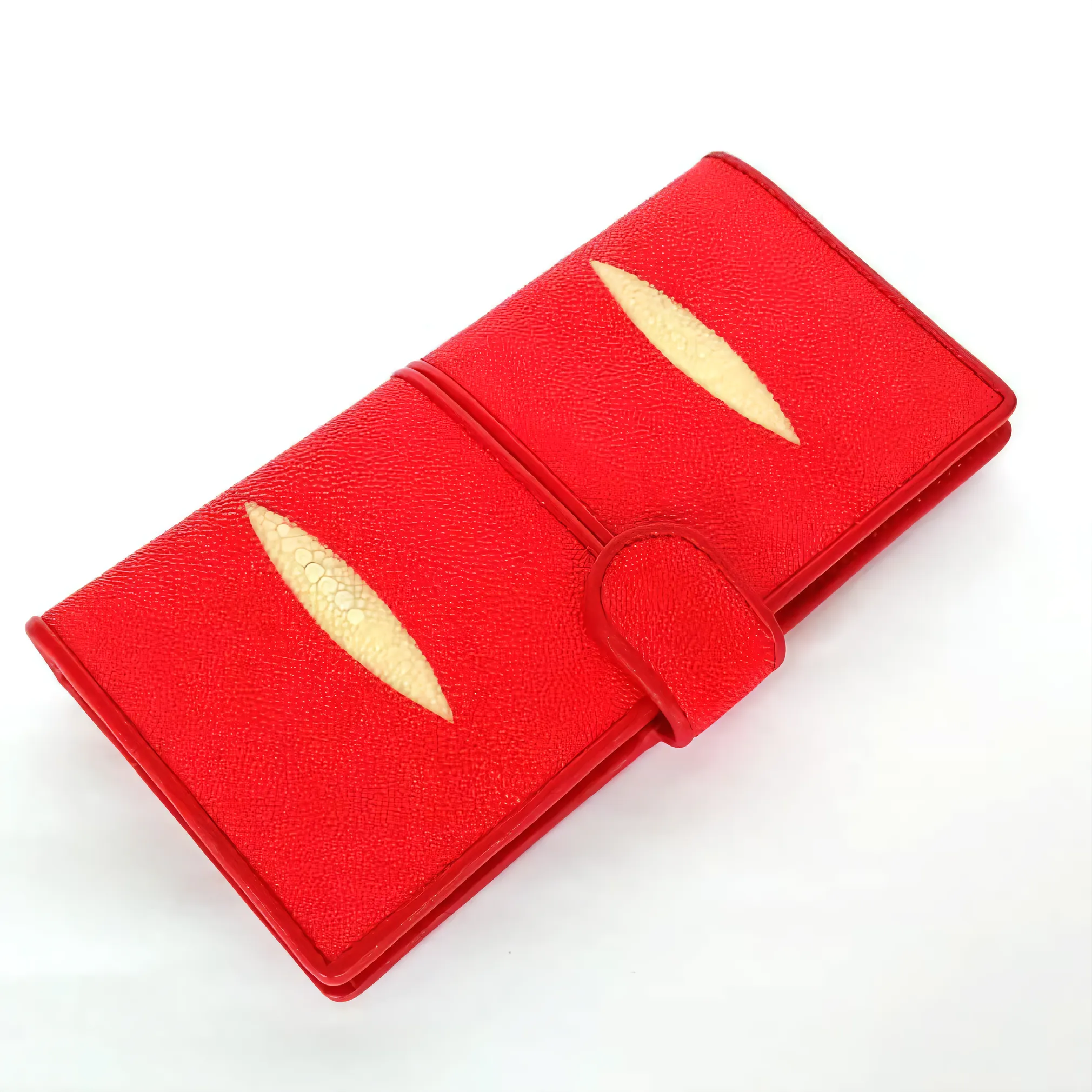 Mool Leather Women’s Genuine Stingray Leather Long Bifold Wallet in Red with Double Diamond Crown Detail