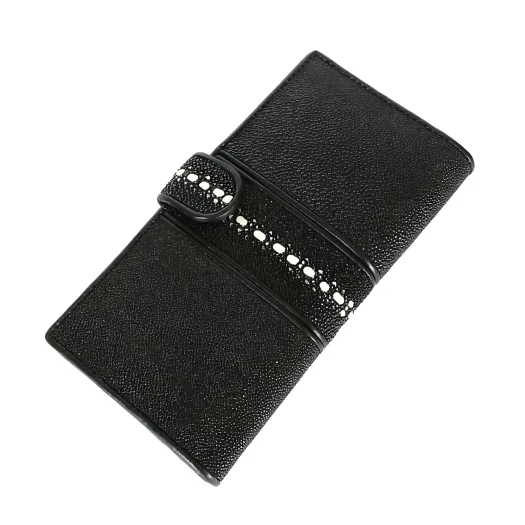 Mool Leather Women’s Multi-Spine Stingray Leather Long Bifold Wallet in Black with Button Closure and Textured Horizontal Spine Detail