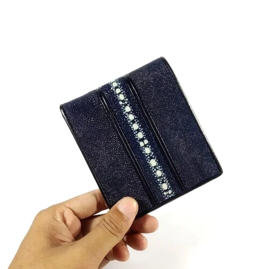 Mool Leather Men’s Genuine Stingray Leather Bifold Wallet in Navy Blue with Horizontal Spine Detail
