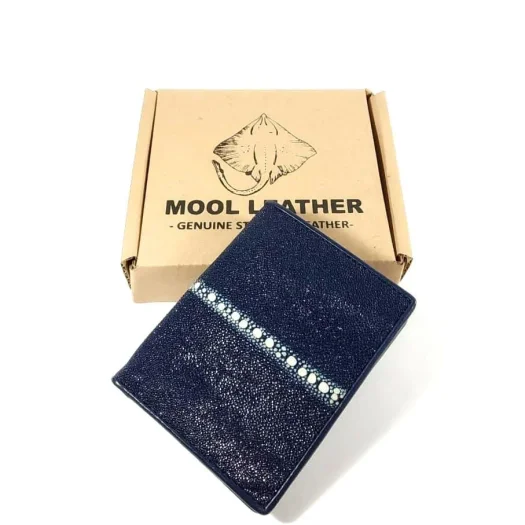 Mool Leather Men’s Genuine Stingray Leather Vertical Bifold Wallet in Navy Blue with Horizontal Spine Detail
