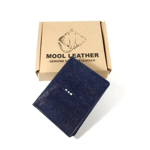 Mool Leather Men’s Genuine Stingray Leather Vertical Bifold Wallet in Navy Blue with Signature Three-Pearl Crown Detail