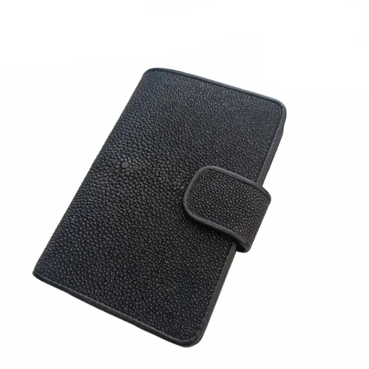 Mool Leather Women’s Genuine Stingray Leather Vertical Bifold Wallet in Black with Strap Closure