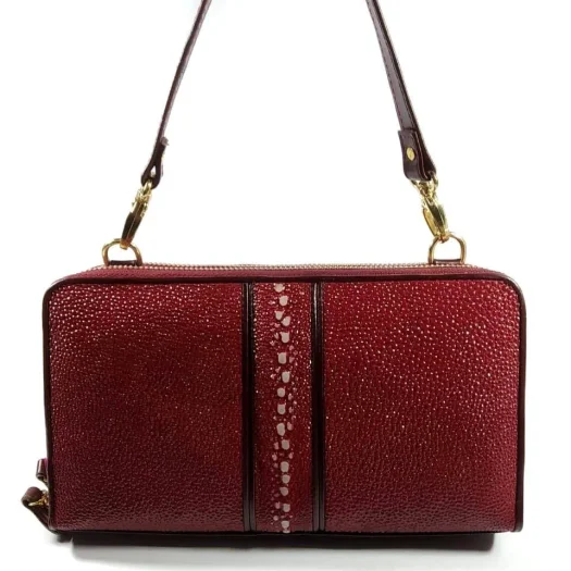 Mool Leather Women’s Genuine Multi-Spine Stingray Leather Crossbody Bag in Maroon with Vertical Spine Detail
