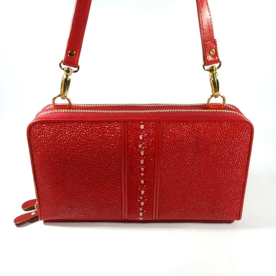 Mool Leather Women’s Genuine Multi-Spine Stingray Leather Crossbody Bag in Red with Vertical Spine Detail