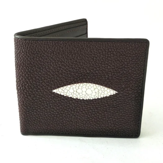 Mool Leather Men’s Premium Male Stingray Leather Bifold Wallet in Dark Brown with Diamond Crown Detail