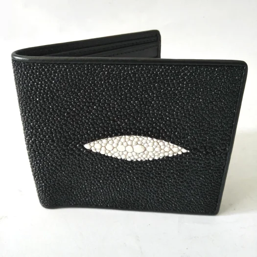 Mool Leather Men’s Premium Male Stingray Leather Bifold Wallet in Black with Diamond Crown Detail