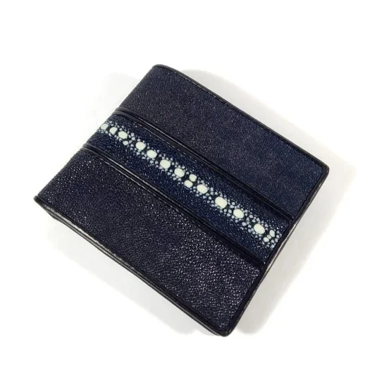 Mool Leather Men’s Multi-Spine Stingray Leather Bifold Wallet in Navy Blue with Horizontal Spine Detail