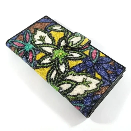 Mool Leather Women’s Hand-Painted Stingray Leather Long Bifold Wallet Featuring the Milia Motif