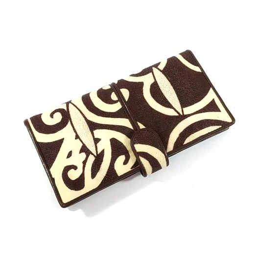 Mool Leather Genuine Stingray Leather Long Bifold Wallet with Borneo Batik Pattern in Brown