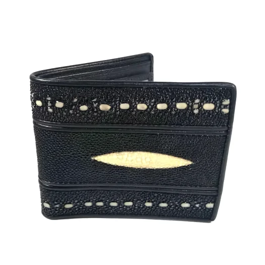 Mool Leather Men’s Stingray Leather Bifold Wallet in Black with Double Spine and Central Diamond Crown Detail