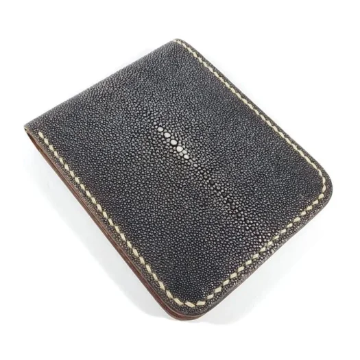 Mool Leather Men’s Handmade Stingray Leather Bifold Wallet in Charcoal Black with Stitched Edge and Pearl Crown Detail
