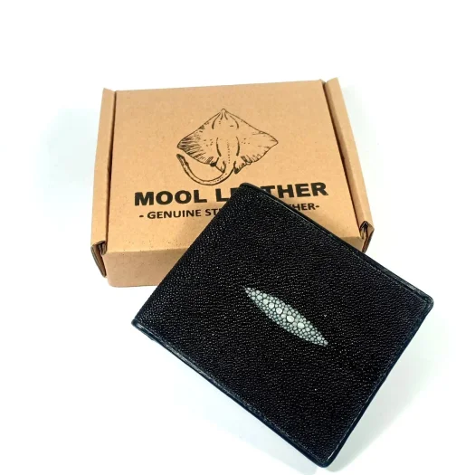 Mool Leather Men’s Genuine Stingray Leather Bifold Wallet in Black with Diamond Crown Detail