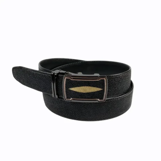 Mool Leather Men’s Genuine Stingray Leather Belt in Black with Diamond Crown Detail