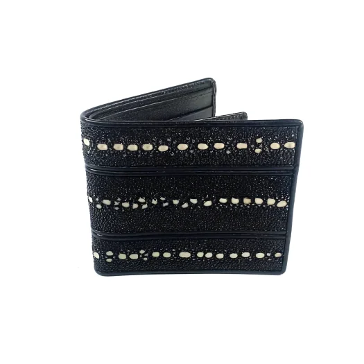 Mool Leather Men’s Multi-Spine Stingray Leather Bifold Wallet in Black with Horizontal Triple-Spine Detail