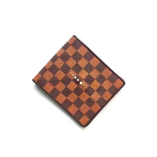 Mool Leather Men’s Stingray Leather Bifold Wallet in Brown with Checkered Pattern