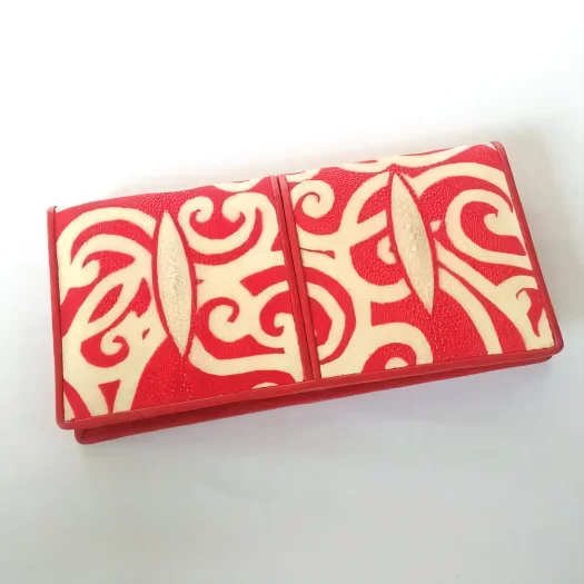 Mool Leather Women’s Stingray Leather Long Bifold Wallet in Red with Borneo Batik Pattern and Diamond Crown