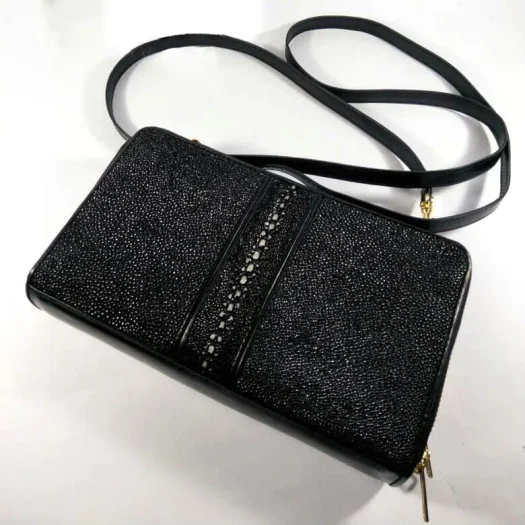 Mool Leather Women’s Multi-Spine Stingray Leather Clutch Crossbody Bag in Black with Vertical Spine Detail