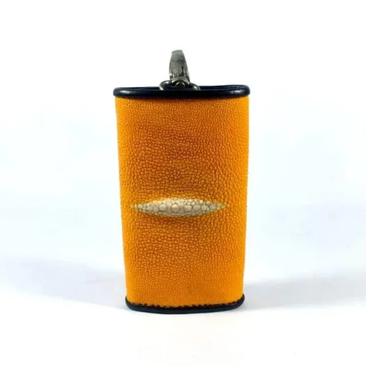 Mool Leather Stingray Leather Keychain Wallet in Orange with Diamond Crown Detail
