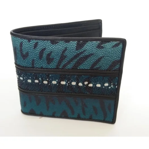 Mool Leather Men’s Multi-Spine Stingray Leather Bifold Wallet with Blue Tiger Pattern and Spine Detail
