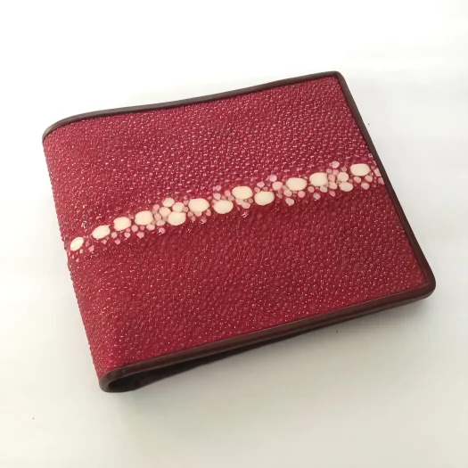 Mool Leather Men’s Multi-Spine Stingray Leather Bifold Wallet in Maroon with Raised Pebbled Texture Spine Detail
