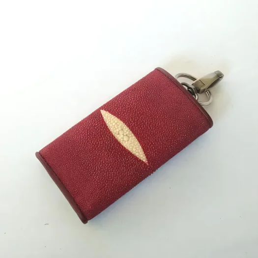 Mool Leather Genuine Stingray Leather Keychain Wallet in Maroon with Diamond Crown Detail