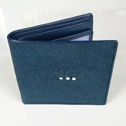 Mool Leather Men’s Genuine Stingray Leather Bifold Wallet in Navy Blue with Signature Three-Pearl Crown Detail
