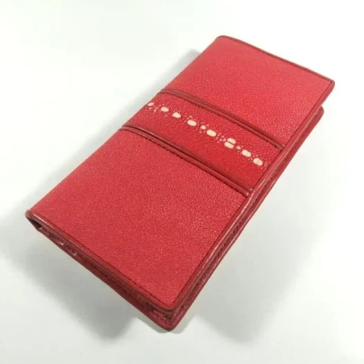 Mool Leather Stingray Leather Long Bifold Wallet in Bright Red with Horizontal Spine Detail