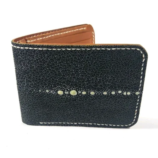 Mool Leather Men’s Handmade Stingray Leather Bifold Wallet in Black with Stitched Edge and Horizontal Spine Detail