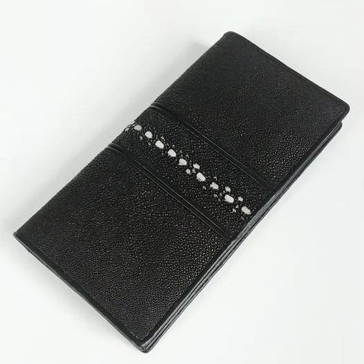 Mool Leather Men’s Long Bifold Wallet in Black Multi-Spine Stingray Leather with Signature Spine Detail