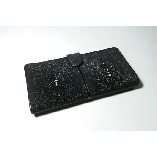 Mool Leather Women’s Stingray Leather Long Bifold Wallet in Dark Brown with Dual Signature Three-Pearl Crown Detail