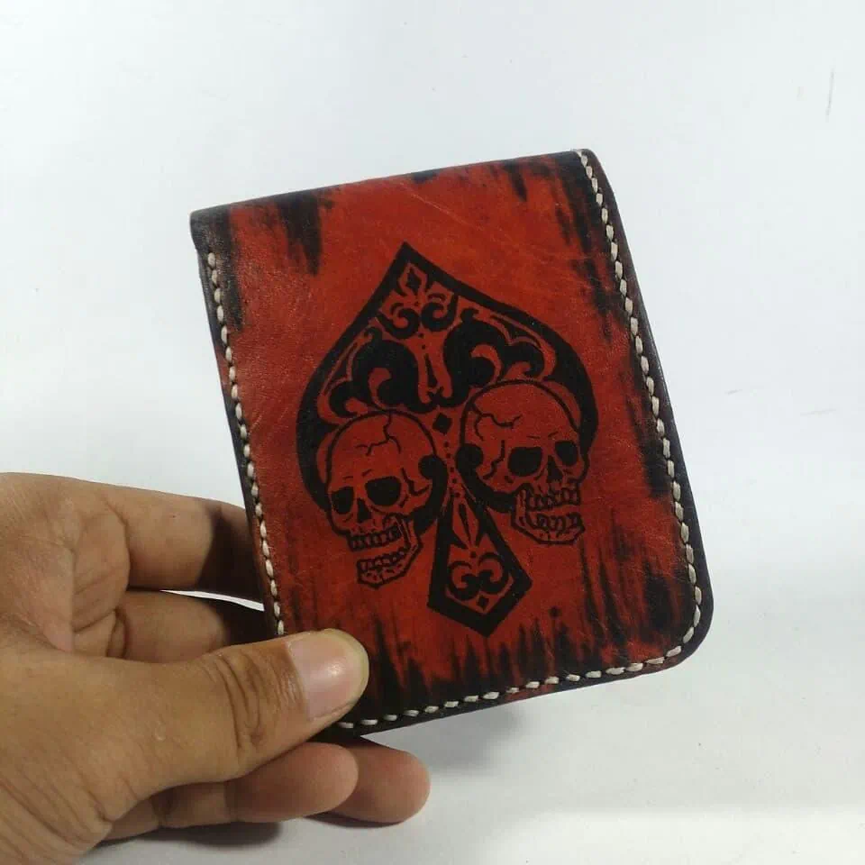 Mool Leather Men's Handmade Cowhide Leather Bifold Wallet in Blood-Red Tone with Skull Design | Nusamade Mool Leather Men's Handmade Cowhide Leather Bifold Wallet in Blood-Red Tone with Skull Design - Image 4